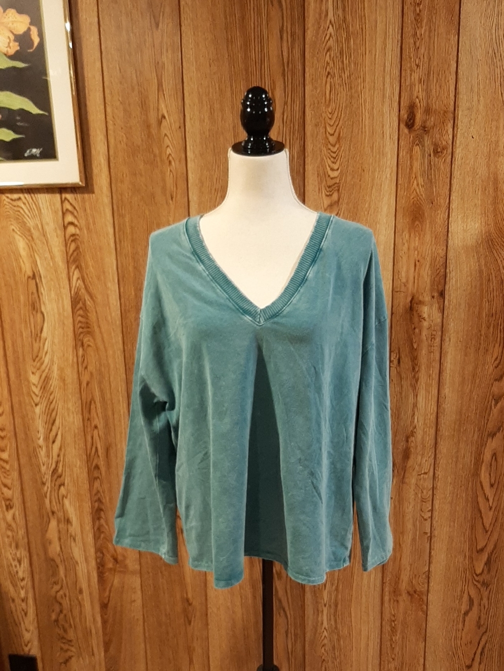 NWT J.HER Long-Sleeve Mineral-Washed V-Neck Blue Stretchy Top (M)